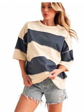 AEMI + CO Polly Color Block Top Size S Navy Cream Striped Colorblock Tee
